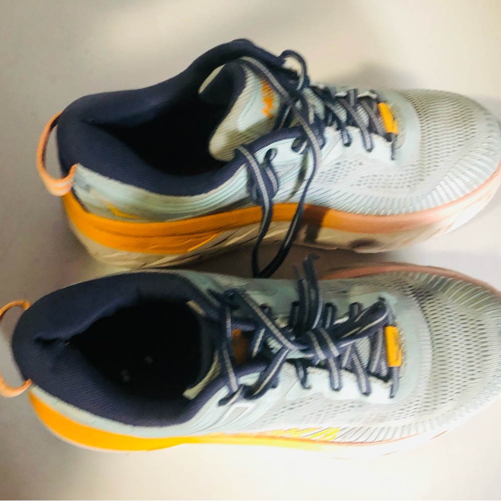 Hoka Women’s Bondi 8 Sneakers in Pale Blue with Yellow and Coral Accents - Picture 5 of 6